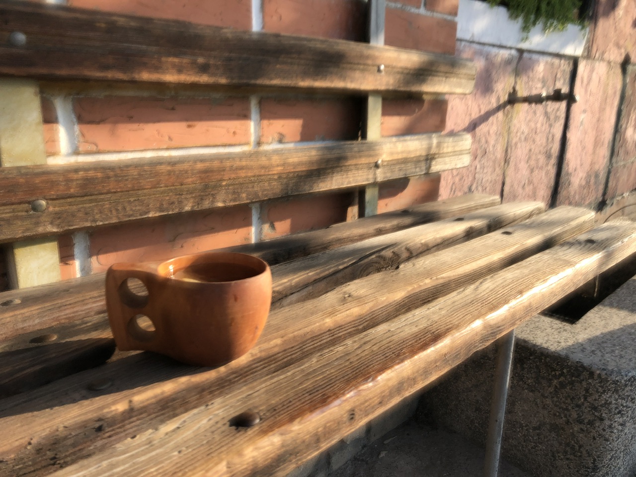 Day 12 – After 20 kilometers downhill, I have a tea at Zverino station, brought my own wooden cup  – 08.00 hours