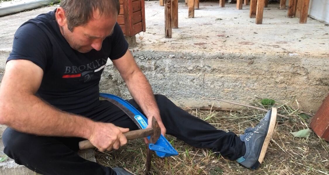Day 10 – how to peen a scythe – Nikola came by in the morning and showed me – 08.36 hours